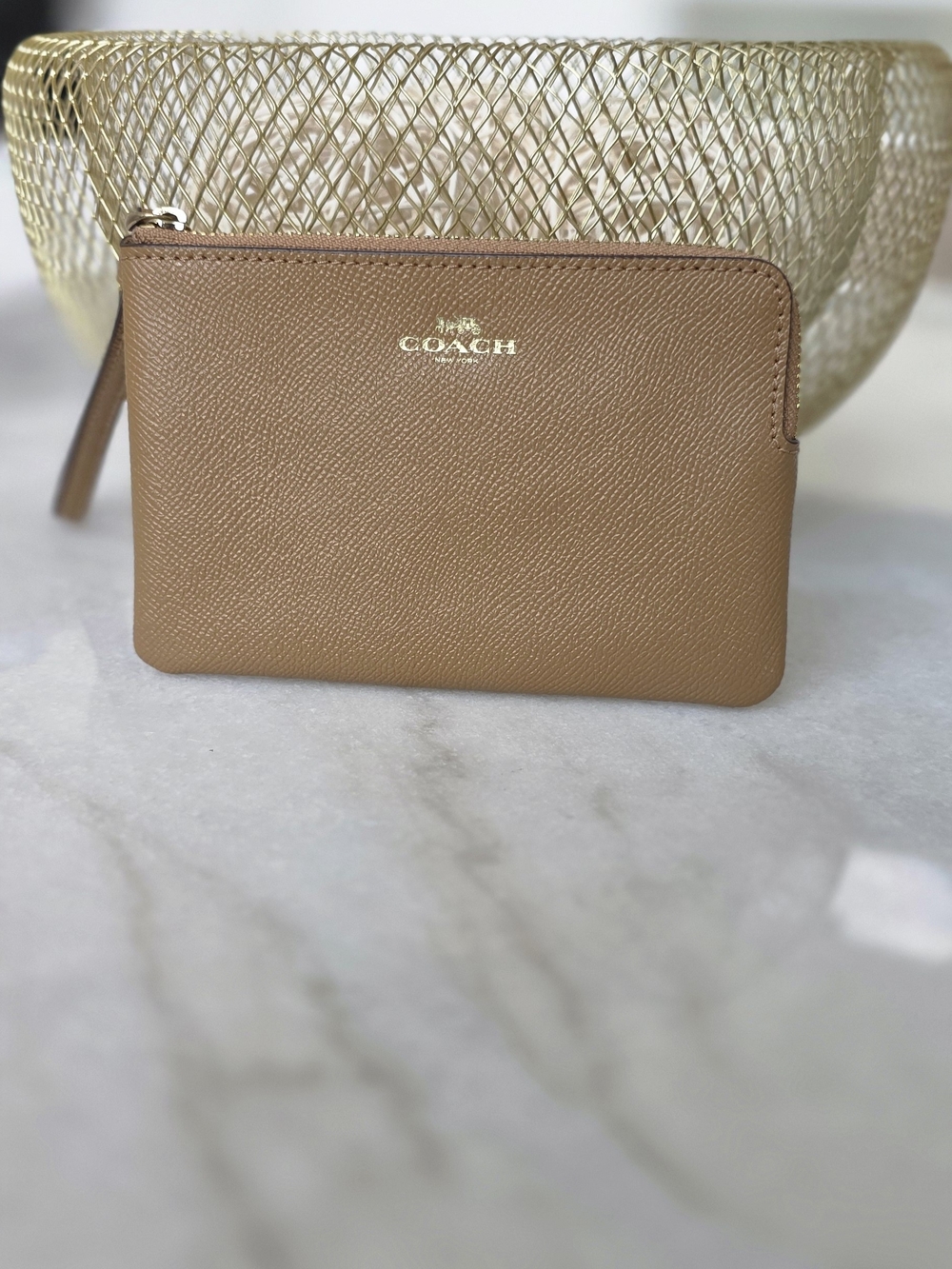 Coach New York Crossgrain Leather Corner Zip Wristlet Pouch Tan Taupe Khaki Gold